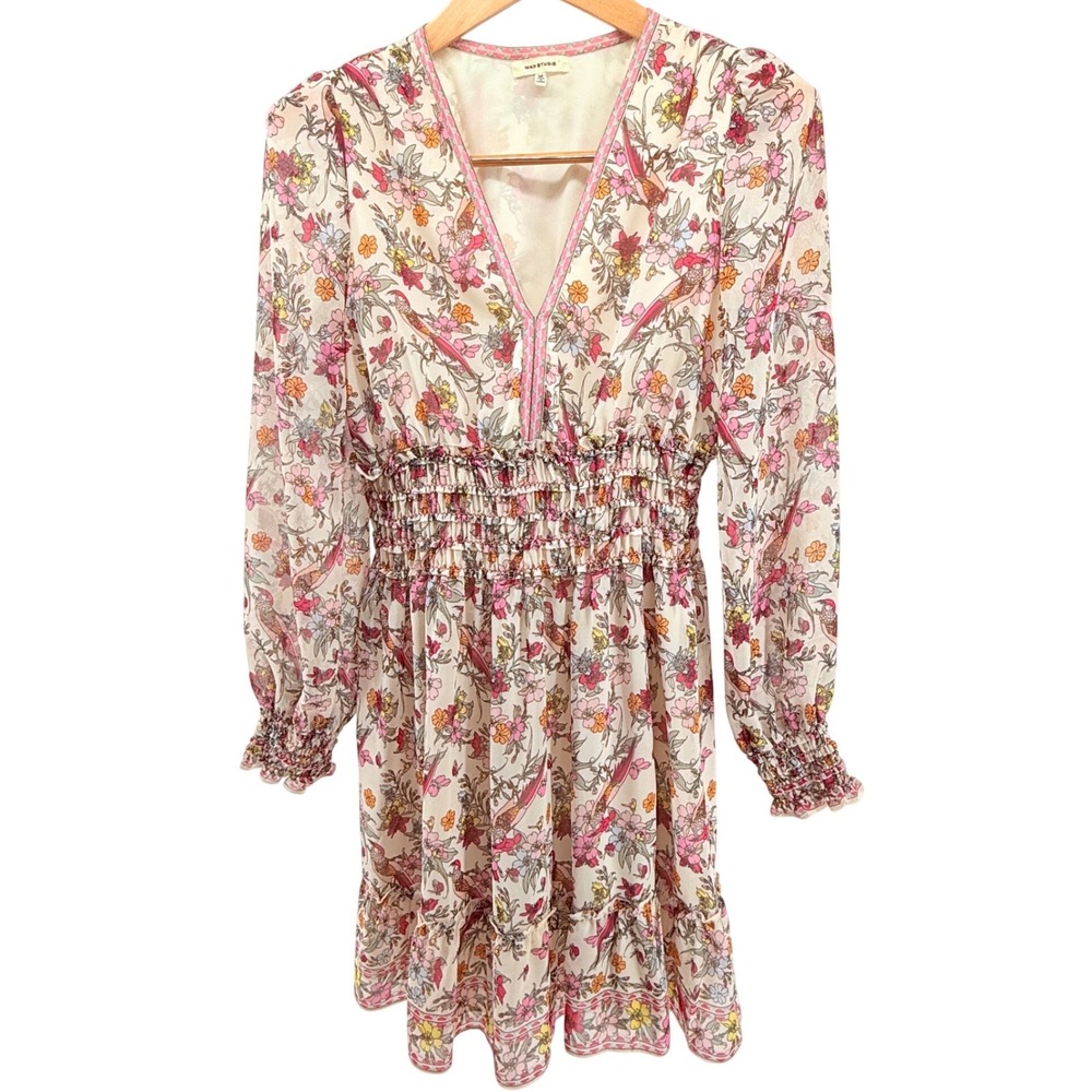 Max Studio Womens Floral‎ Bird Print Smocked Waist V-Neck Mini Dress Cream M